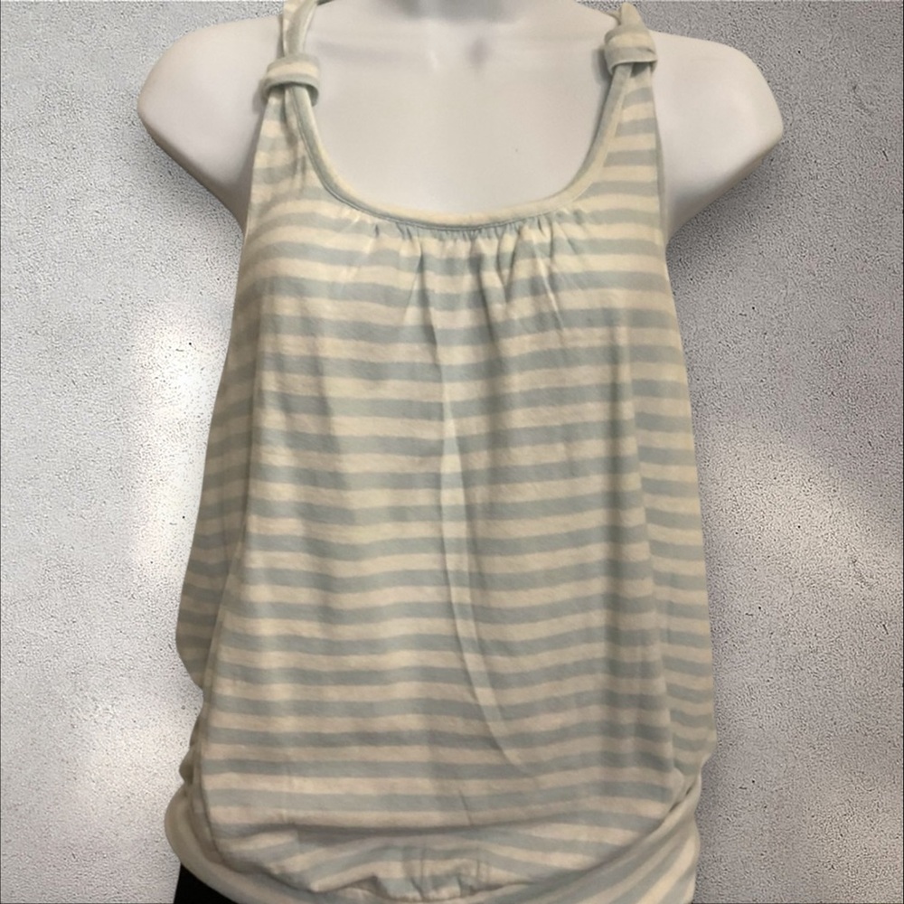 Banana Republic Cream and Blue Gathered Racerback Striped Gathered Waist Tank MD